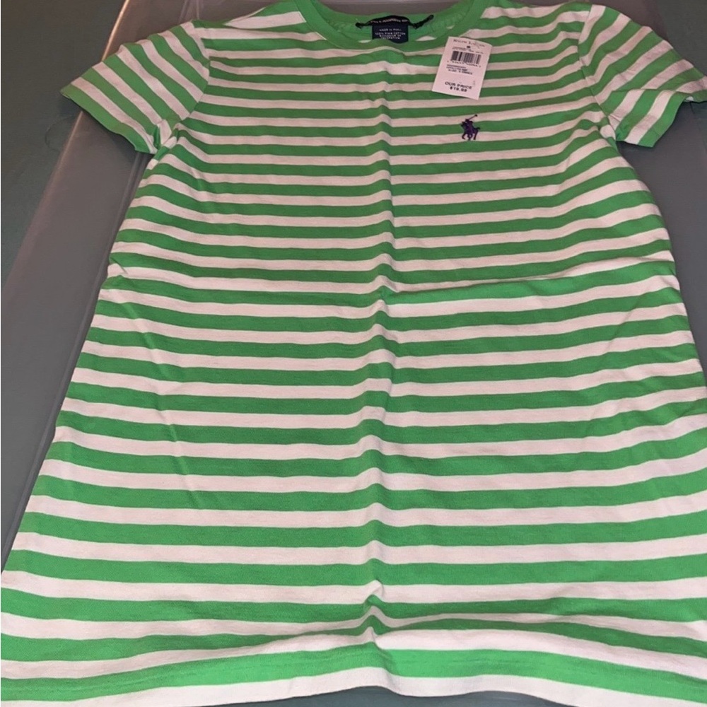 New Ralph Lauren Women Green and White Striped Tee.
